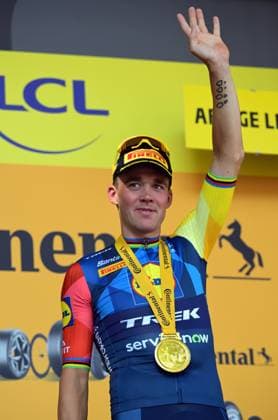 Danish Mads Pedersen of Lidl-Trek celebrates on the podium after winning stage 4 of the 2026 Tour de France cycling race, a stage of 181,9km from Carcassonne to Foix, on Tuesday 07 July 2026. The 113th edition of the Tour de France starts on Saturday 4 July in Barcelona, Spain, and will finish in Paris, France on the 26th of July. DAVIDxPINTENS  x180645909x