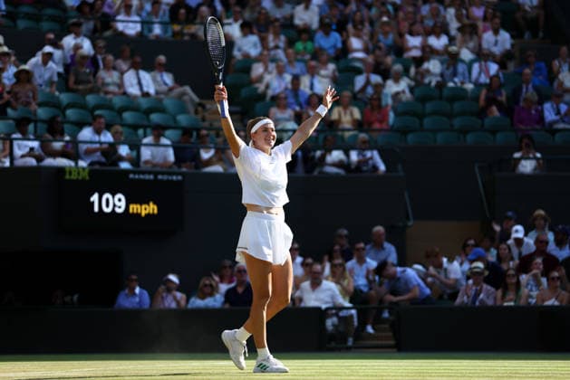 Karolina Muchova celebrates winning her quarter-final match Wimbledon Tennis Championships, Day 9, The All England Lawn Tennis and Croquet Club, London, UK - 07 Jul 2026London The All England Lawn Tennis and United Kingdom  Copyright: xKieranxMcManus Shutterstockx 16978030cf