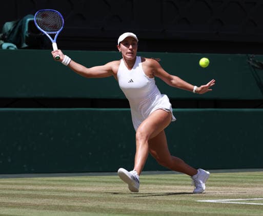 American Jessica Pegula plays a forehand in her Quarter-Finals match against American Coco Gauff on day nine of the 2026 Wimbledon Championships in London on Tuesday, July 07, 2026. Gauff won the match 4-6 6-3 6-3.  LON2026070715 HUGOxPHILPOTT