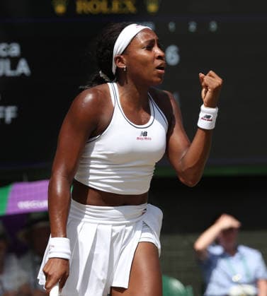 American Coco Gauff reacts in her Quarter-Finals match against American Jessica Pegula on day nine of the 2026 Wimbledon Championships in London on Tuesday, July 07, 2026. Gauff won the match 4-6 6-3 6-3.  LON2026070725 HUGOxPHILPOTT