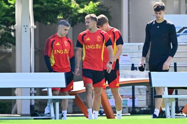 Belgian national football team - FIFA World Cup, WM, Weltmeisterschaft, Fussball 2026 - media activities 07 07 2026 RENTON, UNITED STATES OF AMERICA - JULY 07 : Castagne Timothy defender of Belgium and Trossard Leandro forward of Belgium pictured during a training session of the Belgian national football team during the FIFA World Cup 2026 on July 7, 2026 in Renton, United States of America, 07 07 2026 Renton United States of America  Copyright: xJanxDexMeuleneirx
