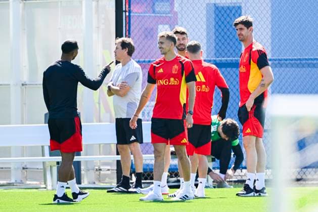 Belgian national football team - FIFA World Cup, WM, Weltmeisterschaft, Fussball 2026 - media activities 07 07 2026 RENTON, UNITED STATES OF AMERICA - JULY 07 : Castagne Timothy defender of Belgium, Garcia Rudi head coach of Belgium, Courtois Thibaut goalkeeper of Belgium, Castagne Timothy defender of Belgium pictured during a training session of the Belgian national football team during the FIFA World Cup 2026 on July 7, 2026 in Renton, United States of America, 07 07 2026 Renton United States of America  Copyright: xNicoxVereeckenx