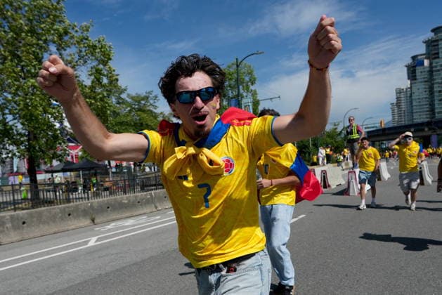 July 7, 2026, Vancouver, Bc, CANADA: Colombia fans march ahead of a World Cup Round of 16 soccer match against Switzerland, in Vancouver, on Tuesday, July 7, 2026. Canada News - July 7, 2026  - ZUMAc35_ 20260707_zaf_c35_111 Copyright: xEthanxCairnsx