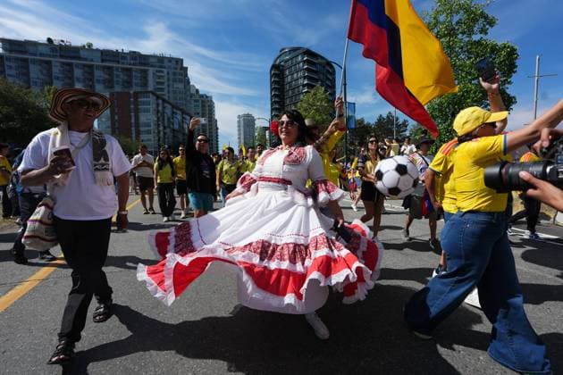 July 7, 2026, Vancouver, Bc, CANADA: Colombia fans march ahead of a World Cup Round of 16 soccer match against Switzerland, in Vancouver, on Tuesday, July 7, 2026. Canada News - July 7, 2026  - ZUMAc35_ 20260707_zaf_c35_115 Copyright: xEthanxCairnsx