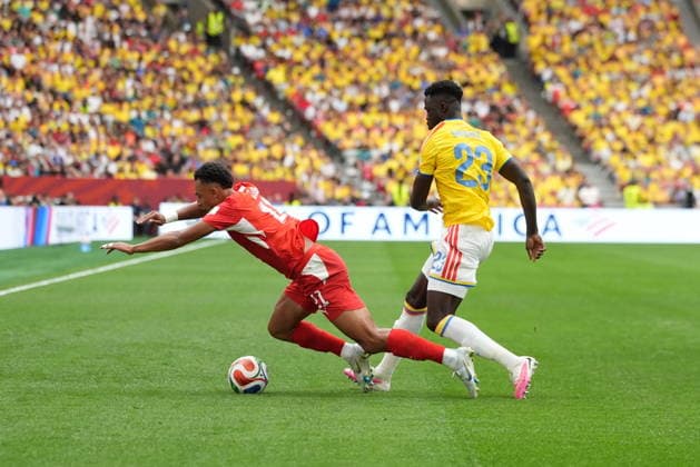 Switzerland v Colombia - FIFA World Cup, WM, Weltmeisterschaft, Fussball 2026 - Round of 16 VANCOUVER, CANADA - JULY 07: Dan Ndoye (11) of Switzerland in action against Davinson Sanchez (23) of Colombia during the 2026 FIFA World Cup Round of 16 match between Switzerland and Colombia at BC Place in Vancouver, British Columbia, Canada, on July 07, 2026 Ercin Erturk Anadolu British Columbia Canada. Editorial use only. Please get in touch for any other usage.  Copyright: x2026xAnadoluxErcinxErturkx