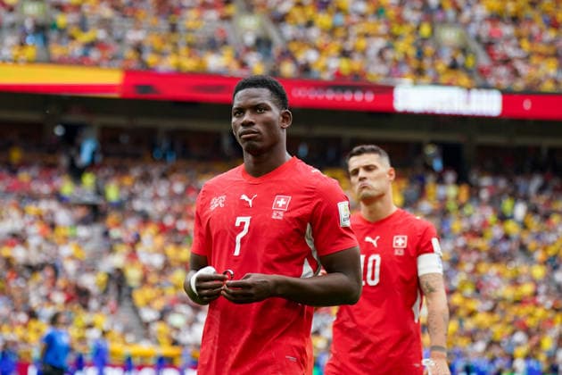Kanada: Fußball FIFA World Cup, WM, Weltmeisterschaft, Fussball 2026, Achtelfinale - Schweiz vs Kolumbien - BC Place, Vancouver: Breel Embolo (Schweiz, 7) Granit Xhaka (Schweiz, 10) *** Canada Soccer 2026 FIFA World Cup, Round of 16: Switzerland vs. Colombia at BC Place, Vancouver; Breel Embolo (Switzerland), 7; Granit Xhaka (Switzerland), 10 Copyright: xJOERANxSTEINSIEKx