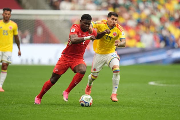 Colombia v Switzerland Round of 16 - FIFA Worl Cup 2026 Gustavo Puerta 14 of Colombia national team, Nationalteam and Breel Embolo 7 of Switzerland national team battle for the ball the FIFA World Cup, WM, Weltmeisterschaft, Fussball 2026 Round of 16 match between Colombia and Switzerland at BC Place Stadium. on July 7, 2026, in Vancouver, Canada. (Photo by Leonardo Ramirez Eyepix Group) Copyright: xLeonardoxRamirez xEyepixxGroupx LR07072026-07417
