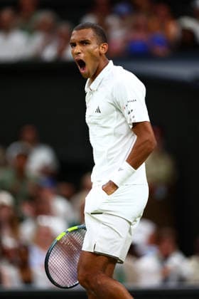 Felix Auger-Aliassime celebrates during his quarter-final match Wimbledon Tennis Championships, Day 9, The All England Lawn Tennis and Croquet Club, London, UK - 07 Jul 2026London The All England Lawn Tennis and United Kingdom  Copyright: xJamesxMarsh Shutterstockx 16978027fs
