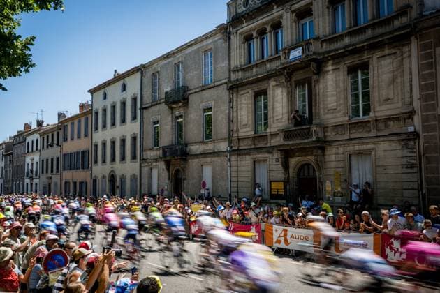 The pack of riders pictured at the start of stage 4 of the 2026 Tour de France cycling race, a stage of 181,9km from Carcassonne to Foix, on Tuesday 07 July 2026. The 113th edition of the Tour de France starts on Saturday 4 July in Barcelona, Spain, and will finish in Paris, France on the 26th of July. JASPERxJACOBS  x180682526x