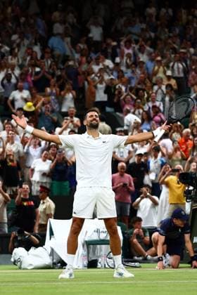 Novak Djokovic celebrates winning his quarter-final match Wimbledon Tennis Championships, Day 9, The All England Lawn Tennis and Croquet Club, London, UK - 07 Jul 2026London The All England Lawn Tennis and United Kingdom  Copyright: xJamesxMarsh Shutterstockx 16978027gk