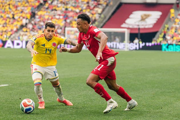 Djibril Sow of Switzerland contests with Gustavo Puerta of Colombia during the FIFA World Cup, WM, Weltmeisterschaft, Fussball Round of 16 game between Switzerland and Colombia at BC Place on July 7, 2026 in Vancouver, British Colombia, Canada  Copyright: xCurtisxWongx xSPPx Sportspressphoto_SPR187089