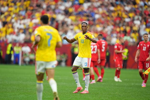 Switzerland v Colombia - FIFA World Cup, WM, Weltmeisterschaft, Fussball 2026 - Round of 16 VANCOUVER, CANADA - JULY 07: Yerry Mina (13) of Colombia is seen at the penalty shoot-out during the 2026 FIFA World Cup Round of 16 match between Switzerland and Colombia at BC Place in Vancouver, British Columbia, Canada, on July 07, 2026. Ercin Erturk Anadolu British Columbia Canada. Editorial use only. Please get in touch for any other usage.  Copyright: x2026xAnadoluxErcinxErturkx