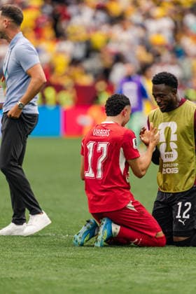 Ruben Vargas of Switzerland scores the penalty kick to make the victory of Switzerland during the FIFA World Cup, WM, Weltmeisterschaft, Fussball Round of 16 game between Switzerland and Colombia at BC Place on July 7, 2026 in Vancouver, British Colombia, Canada  Copyright: xCurtisxWongx xSPPx Sportspressphoto_SPR187139