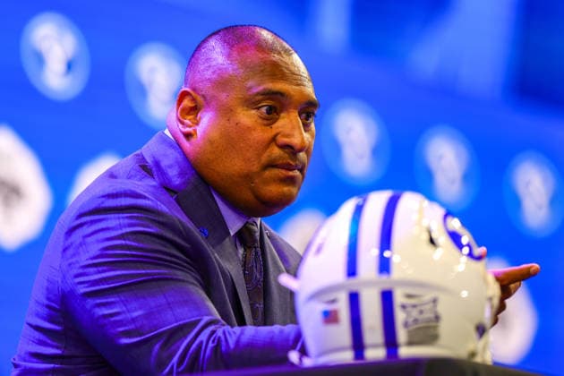 July 7, 2026, Frisco, Texas, USA: FRISCO, TX : BYU head football coach KALANI SITAKE addresses the media during the 2026 Monster Energy Big 12 Football Media Days at the Ford Center in Frisco on Tuesday. 2026 Big 12 Media Day  - ZUMAm257 20260707_zsp_m257_040 Copyright: xBrianxMcLeanx