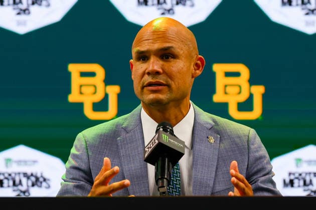 July 7, 2026, Frisco, Texas, USA: FRISCO, TX : Baylor head football coach DAVE ARANDA addresses the media during the 2026 Monster Energy Big 12 Media Days at the Ford Center in Frisco on Tuesday. 2026 Big 12 Media Days  - ZUMAm257 20260707_zsp_m257_046 Copyright: xBrianxMcLeanx