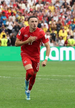 (260708) -- VANCOUVER, July 8, 2026 -- Ruben Vargas of Switzerland celebrates scoring during the penalty shootout of the round of 16 match between Switzerland and Colombia at the 2026 FIFA World Cup, WM, Weltmeisterschaft, Fussball at BC Place Vancouver in Vancouver, Canada, on July 7, 2026. (Photo by Xinhua) (SP)CANADA-VANCOUVER-FOOTBALL-FIFA WORLD CUP-ROUND OF 16-SUI VS COL ZouxZheng 