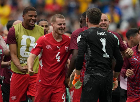(260708) -- VANCOUVER, July 8, 2026 -- Players of Switzerland celebrate victory during the penalty shootout of the round of 16 match between Switzerland and Colombia at the 2026 FIFA World Cup, WM, Weltmeisterschaft, Fussball at BC Place Vancouver in Vancouver, Canada, on July 7, 2026. ) (SP)CANADA-VANCOUVER-FOOTBALL-FIFA WORLD CUP-ROUND OF 16-SUI VS COL MengxYongmin 