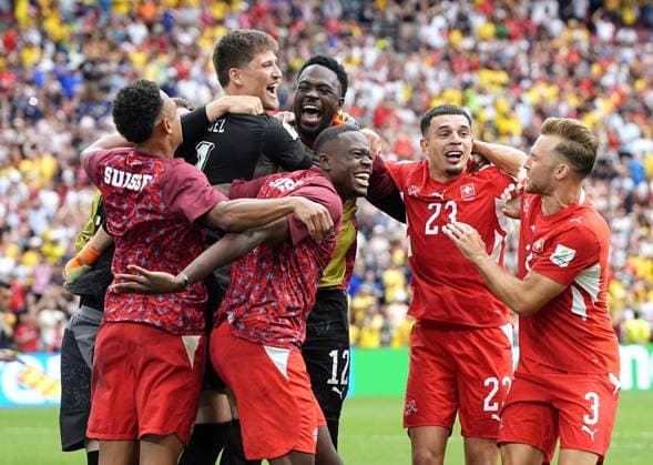 Football: 2026 World Cup Switzerland players celebrate following a penalty shootout win against Colombia in a World Cup round of 16 football match at BC Place Vancouver in Vancouver, Canada, on July 7, 2026.  A14AA0005622196P