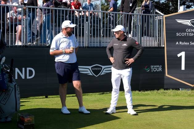 UK: The Genesis Scottish Open at The Renaissance Club, North Berwick, Scotland on 08 July 2026: Pictured: Shane Lowry (Ireland) and Matthew Fitzpatrick (England) on the 1st tee during the pro-am at the Genesis Scottish Open Championship 2026 North Berwick The Renaissance Club Scotland Scotland Copyright: xAlexxToddx