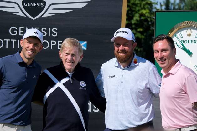 UK: The Genesis Scottish Open at The Renaissance Club, North Berwick, Scotland on 08 July 2026: Pictured: Ryan Christie, Sir Kenny Dalglish, Shane Lowry (Ireland) and Scott Brown on the 1st tee during the pro-am at the Genesis Scottish Open Championship 2026 North Berwick The Renaissance Club Scotland Scotland Copyright: xAlexxToddx