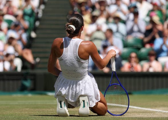 RECORD DATE NOT STATED 8th July 2026; All England Lawn Tennis and Croquet Club, London, England; Wimbledon Tennis Tournament, Day Ten; Marta Kostyuk (UKR) celebrates following victory over Jasmine Paolini (ITA) to reach the semi finals JohnxPatrickxFletcher