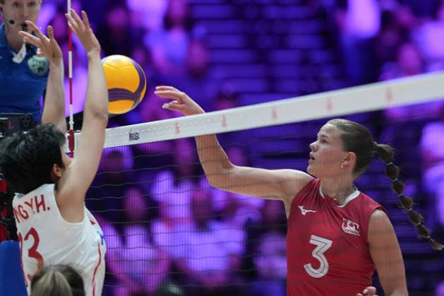 Volleyball Nations League Hong Kong 2026 - Day 1 Kiera Van Ryk (No.3) from team Canada and Dong Yuhan (No.13) from China during the match between Canada and China at Volleyball Nations League Hong Kong 2026 on July 8, 2026 in Hong Kong. (Photo by Ellan Mad Nexpher Images) Hong Kong