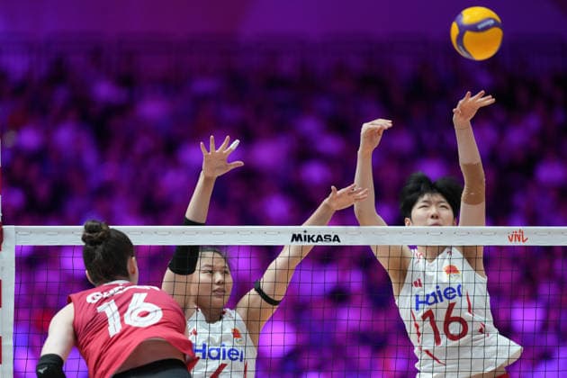 Volleyball Nations League Hong Kong 2026 - Day 1 Guo Zhongnan (No.16) and Gong Xiangyu (No.6) from team China during the match between Canada and China at Volleyball Nations League Hong Kong 2026 on July 8, 2026 in Hong Kong. (Photo by Ellan Mad Nexpher Images) Hong Kong