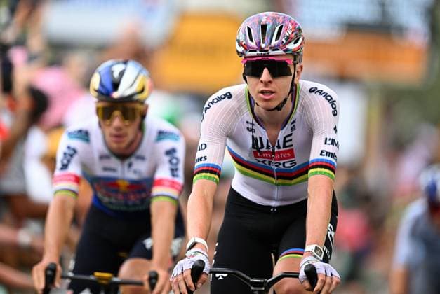 Belgian Remco Evenepoel of Red Bull-BORA-hansgrohe and Slovenian Tadej Pogacar of UAE Team Emirates XRG cross the finish line of stage 5 of the 2026 Tour de France cycling race, a stage of 158km from Lannemezan to Pau, on Wednesday 08 July 2026. The 113th edition of the Tour de France starts on Saturday 4 July in Barcelona, Spain, and will finish in Paris, France on the 26th of July. JASPERxJACOBS  x180728426x
