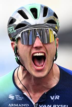 Dutch Olav Kooij of Decathlon CMA CGM Team celebrates as he crosses the finish line to win stage 5 of the 2026 Tour de France cycling race, a stage of 158km from Lannemezan to Pau, on Wednesday 08 July 2026. The 113th edition of the Tour de France starts on Saturday 4 July in Barcelona, Spain, and will finish in Paris, France on the 26th of July. JASPERxJACOBS  x180728429x