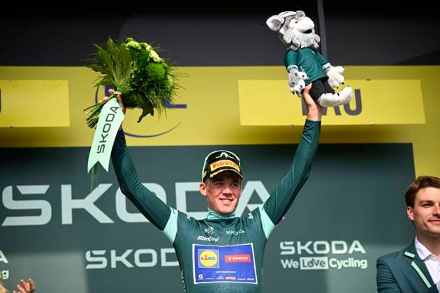 Tour de France 2026 Stage 5 PAU, FRANCE - JULY 08 : Pedersen Mads (DEN) of Lidl - Trek pictured with the green jersey during the podium ceremony of stage 5 of the 113rd edition of Tour de France an UCI World Tour 2.UWT cycling road race stage for Men Elite of 158 km with start in Lannemezan and finish in Pau on July 8, 2026 in Pau, France, 08 07 2026 Pau France  Copyright: xTomasxSiskx