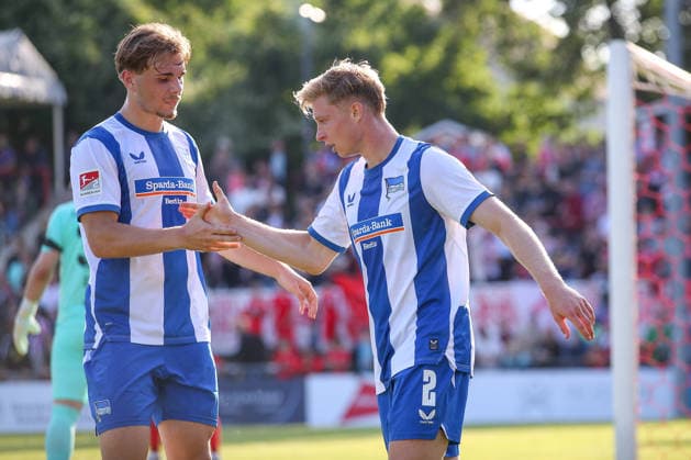 08.07.2026, xtgx, Fussball Testspiel, SV Lichtenberg 47 - Hertha BSC Berlin emspor, v.l. Niklas Hildebrandt (Hertha, 26) Julian Eitschberger (Hertha, 2) Jubel, Torjubel, jubelt ueber das Tor, celebrate the goal, celebration (DFL DFB REGULATIONS PROHIBIT ANY USE OF PHOTOGRAPHS as IMAGE SEQUENCES and or QUASI-VIDEO) Berlin *** July 8, 2026, xtgx, soccer exhibition match, SV Lichtenberg 47 vs. Hertha BSC Berlin, from left: Niklas Hildebrandt (Hertha), 26 Julian Eitschberger (Hertha), 2 cheering, Goal celebration, celebrating the goal, DFL and DFB regulations prohibit any use of photographs as image sequences and or quasi-video, Berlin