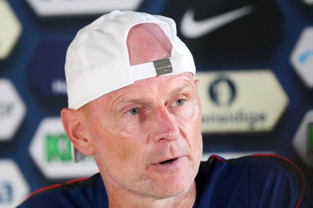 FT LAUDERDALE, FL - JULY 08: Stale Solbakken of Norway attends a media conference before a Norway team training session in preparation for a FIFA World Cup, WM, Weltmeisterschaft, Fussball 26 Quarter-Final game between Norway and England on July 8, 2026 at at the Inter Miami CF Stadium, Fort Lauderdale, Florida.(Photo by Chris Arjoon) SOCCER: JUL 08 FIFA World Cup 26 - Norway Training EDITORIAL USE ONLY Icon26070800000003