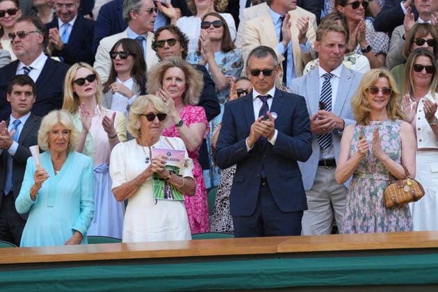 2026-07-08 The Championships - Wimbledon 2026 - Day Ten LONDON, UNITED KINGDOM - JULY 8: Queen Camilla, former tennis player Richard Krajicek and Daphne Krajicek are seen attending in the Royal Box during Day Ten of the The Championships - Wimbledon 2026 at All England Lawn Tennis and Croquet Club on July 8, 2026 in London, England. (Photo by Marleen Fouchier BSR Agency) London United Kingdom Content not available for redistribution in The Netherlands directly or indirectly through any third parties. Copyright: xBSRxAgencyx