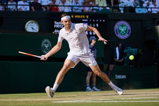 July 8, 2026, London, London, Great Britain: Taylor Fritz of United States returns with forehand during The Championships Wimbledon , 8.7.2026 in London (All England Lawn Tennis and Croquet Club), Great Britain Tennis 2026: Grand Slam: The Championships Wimbledon: 10th Day: Quarterfinal: ZVEREV 6:4 6:4 6:2 FRITZ  - ZUMAs343 20260708_zsp_s343_098 Copyright: xMathiasxSchulzx
