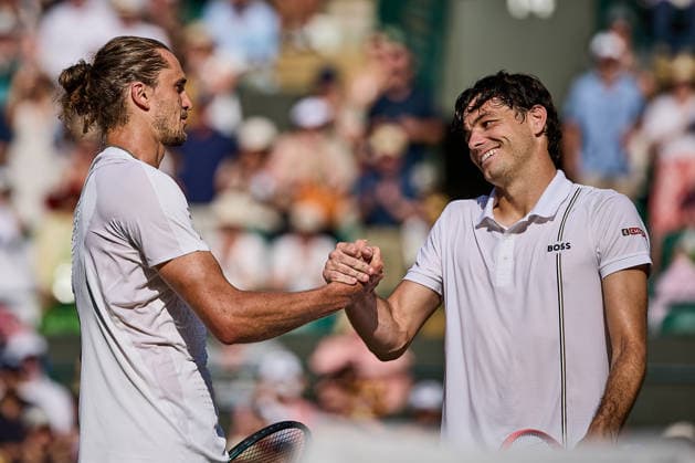 July 8, 2026, London, London, Great Britain: Alexander Zverev of Germany, Taylor Fritz of United States together at the net after their match during The Championships Wimbledon , 8.7.2026 in London (All England Lawn Tennis and Croquet Club), Great Britain Tennis 2026: Grand Slam: The Championships Wimbledon: 10th Day: Quarterfinal: ZVEREV 6:4 6:4 6:2 FRITZ  - ZUMAs343 20260708_zsp_s343_115 Copyright: xMathiasxSchulzx