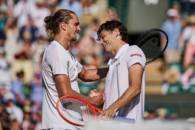 July 8, 2026, London, London, Great Britain: Alexander Zverev of Germany, Taylor Fritz of United States together at the net after their match during The Championships Wimbledon , 8.7.2026 in London (All England Lawn Tennis and Croquet Club), Great Britain Tennis 2026: Grand Slam: The Championships Wimbledon: 10th Day: Quarterfinal: ZVEREV 6:4 6:4 6:2 FRITZ  - ZUMAs343 20260708_zsp_s343_117 Copyright: xMathiasxSchulzx