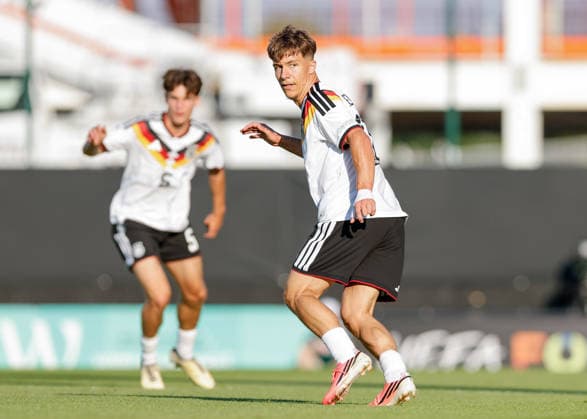 Wrexham, Wales, 8th July 2026. Moritz Reimers of Germany during the Ukraine U19 vs Germany U19 UEFA European U19 Championship match at The Racecourse, Wrexham. Picture credit should read: Cody Froggatt Sportimage EDITORIAL USE ONLY. No use with unauthorised audio, video, data, fixture lists, club league logos or live services. Online in-match use limited to 120 images, no video emulation. No use in betting, games or single club league player publications. SPI_019_CF_UKRAINE_U19_V_GERMANY_U19 SPI-4857-0018