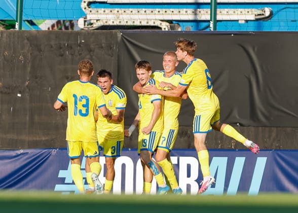 Wrexham, Wales, 8th July 2026. Vitaliy Hlyut of Ukraine celebrates scoring their sides first goal during the Ukraine U19 vs Germany U19 UEFA European U19 Championship match at The Racecourse, Wrexham. Picture credit should read: Cody Froggatt Sportimage EDITORIAL USE ONLY. No use with unauthorised audio, video, data, fixture lists, club league logos or live services. Online in-match use limited to 120 images, no video emulation. No use in betting, games or single club league player publications. SPI_022_CF_UKRAINE_U19_V_GERMANY_U19 SPI-4857-0021