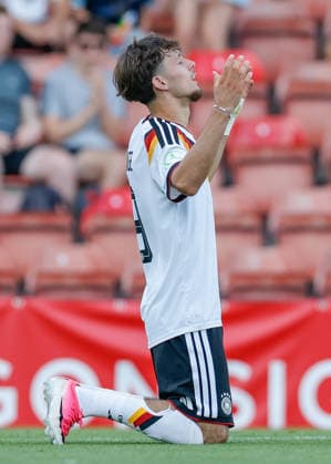 Wrexham, Wales, 8th July 2026. Otto Stange of Germany celebrates scoring their sides first goal during the Ukraine U19 vs Germany U19 UEFA European U19 Championship match at The Racecourse, Wrexham. Picture credit should read: Cody Froggatt Sportimage EDITORIAL USE ONLY. No use with unauthorised audio, video, data, fixture lists, club league logos or live services. Online in-match use limited to 120 images, no video emulation. No use in betting, games or single club league player publications. SPI_027_CF_UKRAINE_U19_V_GERMANY_U19 SPI-4857-0026
