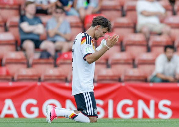 Wrexham, Wales, 8th July 2026. Otto Stange of Germany celebrates scoring their sides first goal during the Ukraine U19 vs Germany U19 UEFA European U19 Championship match at The Racecourse, Wrexham. Picture credit should read: Cody Froggatt Sportimage EDITORIAL USE ONLY. No use with unauthorised audio, video, data, fixture lists, club league logos or live services. Online in-match use limited to 120 images, no video emulation. No use in betting, games or single club league player publications. SPI_028_CF_UKRAINE_U19_V_GERMANY_U19 SPI-4857-0027