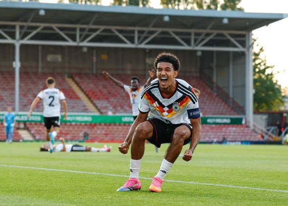 Wrexham, Wales, 8th July 2026. Francis Onyeka of Germany celebrates scoring their sides second goal during the Ukraine U19 vs Germany U19 UEFA European U19 Championship match at The Racecourse, Wrexham. Picture credit should read: Cody Froggatt Sportimage EDITORIAL USE ONLY. No use with unauthorised audio, video, data, fixture lists, club league logos or live services. Online in-match use limited to 120 images, no video emulation. No use in betting, games or single club league player publications. SPI_039_CF_UKRAINE_U19_V_GERMANY_U19 SPI-4857-0038