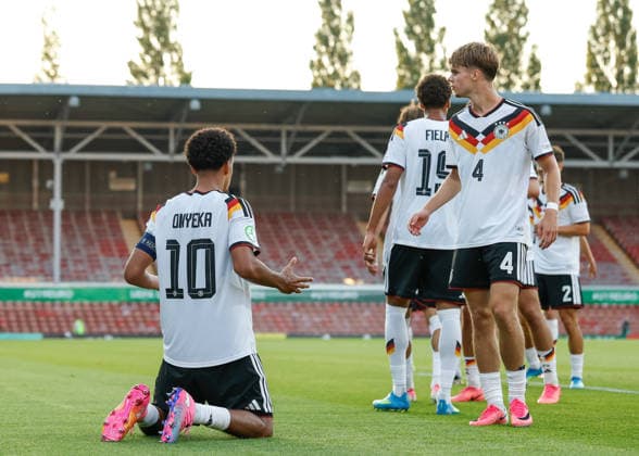 Wrexham, Wales, 8th July 2026. Francis Onyeka of Germany celebrates scoring their sides second goal during the Ukraine U19 vs Germany U19 UEFA European U19 Championship match at The Racecourse, Wrexham. Picture credit should read: Cody Froggatt Sportimage EDITORIAL USE ONLY. No use with unauthorised audio, video, data, fixture lists, club league logos or live services. Online in-match use limited to 120 images, no video emulation. No use in betting, games or single club league player publications. SPI_044_CF_UKRAINE_U19_V_GERMANY_U19 SPI-4857-0043