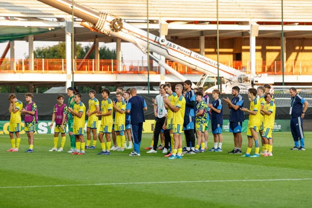 Wrexham, Wales, 8th July 2026. The players and coaches of Ukraine applaud fans as after lose their Semi Final following the Ukraine U19 vs Germany U19 UEFA European U19 Championship match at The Racecourse, Wrexham. Picture credit should read: Cody Froggatt Sportimage EDITORIAL USE ONLY. No use with unauthorised audio, video, data, fixture lists, club league logos or live services. Online in-match use limited to 120 images, no video emulation. No use in betting, games or single club league player publications. SPI_052_CF_UKRAINE_U19_V_GERMANY_U19 SPI-4857-0051