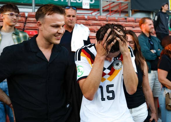 Wrexham, Wales, 8th July 2026. Luca Erlein of Germany reacts as he celebrates the full time result as Germany qualify for the UEFA European U19 Championship final following the Ukraine U19 vs Germany U19 UEFA European U19 Championship match at The Racecourse, Wrexham. Picture credit should read: Cody Froggatt Sportimage EDITORIAL USE ONLY. No use with unauthorised audio, video, data, fixture lists, club league logos or live services. Online in-match use limited to 120 images, no video emulation. No use in betting, games or single club league player publications. SPI_057_CF_UKRAINE_U19_V_GERMANY_U19 SPI-4857-0056