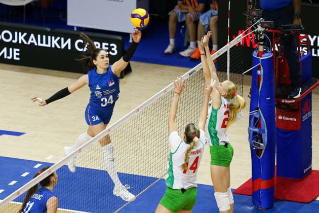 Serbia v Bulgaria - Women s Volleyball Nations League BELGRADE, SERBIA - JULY 8: B. Tica (34) of Serbia in action against B. Saykova (14) of Bulgaria during the 2026 FIVB Volleyball Women s Nations League match between the Serbia and Bulgaria in Belgrade, Serbia, on July 8, 2026. Filip Stevanovic Anadolu Belgrade Serbia. Editorial use only. Please get in touch for any other usage.  Copyright: x2026xAnadoluxFilipxStevanovicx