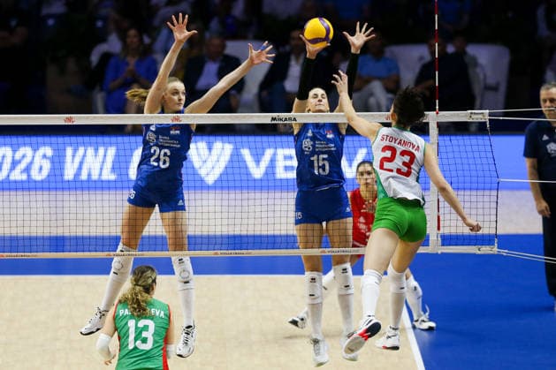 Serbia v Bulgaria - Women s Volleyball Nations League BELGRADE, SERBIA - JULY 8: M. Kirov (26) of Serbia in action against M. Stoyanova (23) of Bulgaria during the 2026 FIVB Volleyball Women s Nations League match between the Serbia and Bulgaria in Belgrade, Serbia, on July 8, 2026. Filip Stevanovic Anadolu Belgrade Serbia. Editorial use only. Please get in touch for any other usage.  Copyright: x2026xAnadoluxFilipxStevanovicx