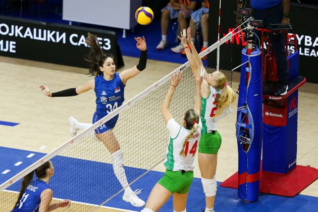 Serbia v Bulgaria - Women s Volleyball Nations League BELGRADE, SERBIA - JULY 8: B. Tica (34) of Serbia in action against Saykova (14) of Bulgaria during the 2026 FIVB Volleyball Women s Nations League match between the Serbia and Bulgaria in Belgrade, Serbia, on July 8, 2026. Filip Stevanovic Anadolu Belgrade Serbia. Editorial use only. Please get in touch for any other usage.  Copyright: x2026xAnadoluxFilipxStevanovicx
