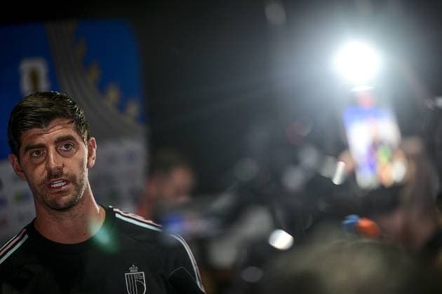 Belgium s goalkeeper Thibaut Courtois pictured during a press conference, PK, Pressekonferenz of Belgian national soccer team Red Devils, on Wednesday 08 July 2026 in Carson, Los Angeles County, California, USA. The Rode Duivels - Diables Rouges qualified for the knockout stage of the 2026 FIFA World Cup, WM, Weltmeisterschaft, Fussball where they ll meet Spain in the round of 8 on July 10th. DIRKxWAEM  x180744240x