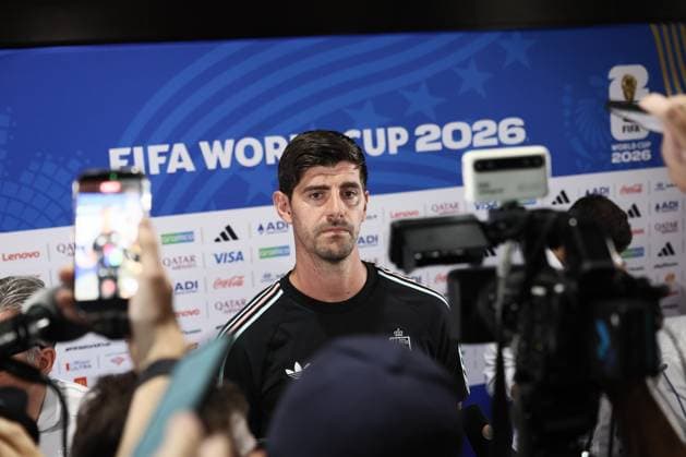 Belgium s goalkeeper Thibaut Courtois pictured during a press conference, PK, Pressekonferenz of Belgian national soccer team Red Devils, on Wednesday 08 July 2026 in Carson, Los Angeles County, California, USA. The Rode Duivels - Diables Rouges qualified for the knockout stage of the 2026 FIFA World Cup, WM, Weltmeisterschaft, Fussball where they ll meet Spain in the round of 8 on July 10th. BRUNOxFAHY  x180744245x
