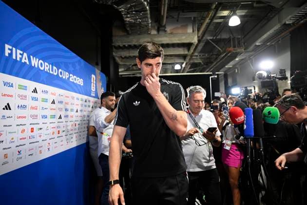 Belgian national football team - FIFA World Cup, WM, Weltmeisterschaft, Fussball 2026 - media activities 08 07 2026 LOS ANGELES, UNITED STATES OF AMERICA - JULY 08 : Courtois Thibaut goalkeeper of Belgium talking to the press during a press conference, PK, Pressekonferenz of the Belgian national football team during the FIFA World Cup 2026 on July 8, 2026 in Los Angeles, United States of America, 08 07 2026 Los Angeles United States of America  Copyright: xNicoxVereeckenx